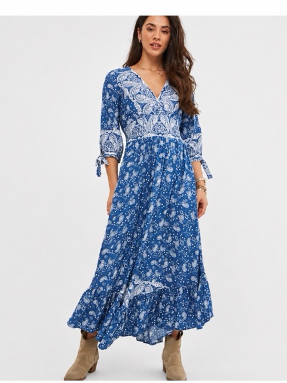 Caroline Morgan Blue Paisley Boho Prarie Maxi Dress